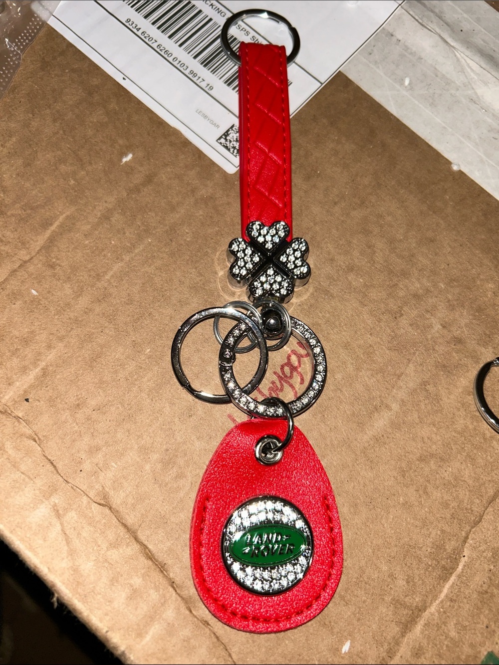 Red Crystal Accent Leather Keychain with Land Rover Logo Charm